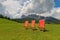 Three colorful deck chairs in front of beautiful Tofane mountain