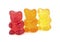 Three colorful gummy bears isolated on white background. Colorful jelly gummy bears. Chewing jelly candies. Fruity candies