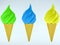 Three colorful ice creams on white