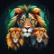 three colorful lions on a black background