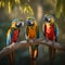 Three Colorful macaws perched on a tree generative AI
