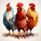 Three colorful roosters standing next to each other on white background. Generative AI