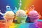 Three colorful scoops of ice cream popped into a colorful liquid ice cream mass.
