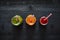 Three colorful smoothies graphic view green red orange