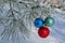 Three colour balls on a pine branch