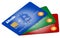 Three colourful bitcoin credit or debit cards