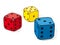 Three colourful dice