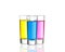 Three colourful shot drinks on a white background with reflections
