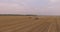 Three Combines Harvesting Field on the Aerial View