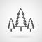 Three conifer pine trees in a forest line art icon, vector