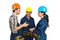 Three constructor workers having conversation