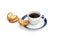 Three cookies and cup of coffee on a saucer with a blue border