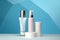 Three cosmetic product mockups on geometric podiums. Background for presentation of cosmetic