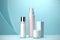 Three cosmetic product mockups on geometric podiums. Background for presentation of cosmetic