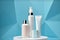 Three cosmetic product mockups on geometric podiums. Background for presentation of cosmetic