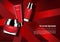 Three cosmetic products with template on red ribbon background