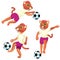 Three cougar girls as the footballers in uniform in dynamic poses with the soccer ball