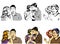 Three couples together whispering, hugging and pointing . Pop art retro comic style vector illustration in black and