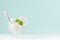 Three creamy ice cream balls in elegant transparent glass bowl with silver spoon, green mint on white wood table, pastel green.