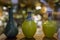Three crimped pot-bellied ceramic bottles
