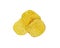 Three crispy potato chips isolated on white background. Tasty fried potato slices in closeup