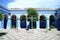 Three Crosses with blue Vibrant Blue Corridor of the Cloister of Santa Catalina Monastery, Historical site in Arequipa, Peru