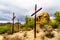 Three Crosses Cacti, Shrubs and large Boulders in the Arizona Desert