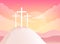 Three Crosses on Golgotha Mountain. Christian Easter Vector Illustration