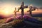 Three crosses on the mountain at sunset. Crucifixion of Jesus Christ, Generative AI