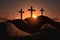 Three crosses on the mountain at sunset. Crucifixion of Jesus Christ, Generative AI