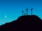 Three crosses stand on light sky backdrop