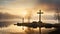 Three Crosses at Sunrise over a Foggy Lake Easter