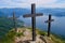 Three crosses on top of Cima di Morissolo offering splendid views of lake Maggiore. Lombardy, Italy.