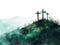 Three crosses on top of the hill in the mist, resurrection, positive emotions, watercolor stye, white background,