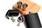 Three cubes and a  small leather hip flask with metal mugs at orange giftbox