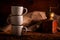 Three cups full of coffee beans on wooden table