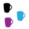 Three cups. Pink, blue and black cups.