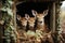 Three curious fawns peeking out from a rustic shelter surrounded by greenery.