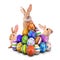 Three curious funny Easter Bunnies peeking and hiding behind a pile of painted decorated or ornate Easter Eggs. Easter Egg Hunt