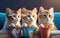 Three cute cat in sunglasses watching a movie with popcorn. Generate Ai