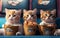Three cute cat in sunglasses watching a movie with popcorn. Generate Ai