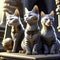 Three cute cats sitting on a shelf in front of a church. Generative AI