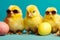 Three cute chicken chicks wearing sunglasses, representing a fun and playful image. Ai generated