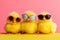 Three cute chicken chicks wearing sunglasses, representing a fun and playful image. Ai generated