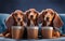 Three cute dachshunds watching a movie with popkorn. Generate Ai