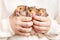 Three cute fluffy golden hamsters in the hands of a child on a light background. Triplets. Pet care concept.