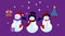 Three cute funny snowman characters with gifts and Christmas tree. Children s Christmas paper application on a purple background