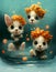 Three cute ginger cats in water, abstract background picture, close up