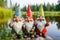 Three cute gnomes stand near lake