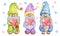 Three cute gnomes with valentine hearts in hands. Valentine day clipart. Watercolor drawing isolated on white background
